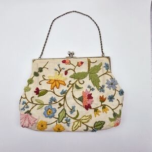 Vintage Jacobean Crewel Linen Purse With Floral And Vin Stitching.